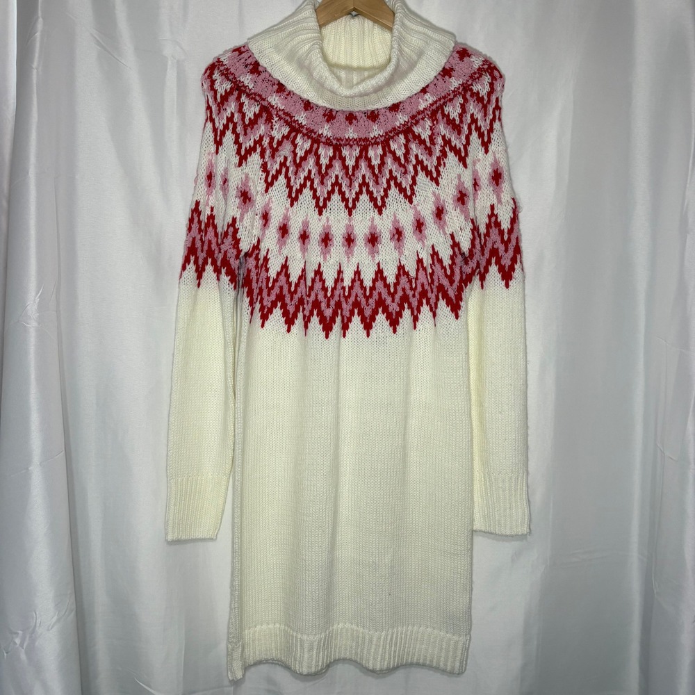 NWT Francesca's LS‎ Fair Isle Cowl Neck Knit Sweater Dress White Red Pink Medium